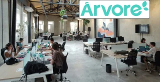 Árvore, escritório, logotipo, funcionários,